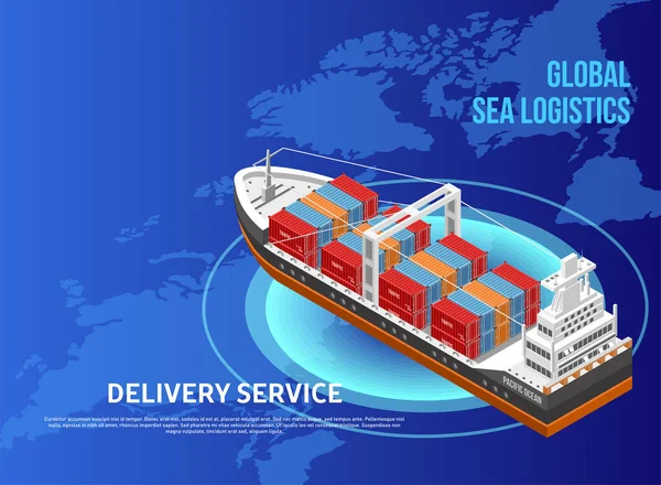 Küresel deniz lojistik ve teslimat hizmetlerinin bir göstergesi olarak dünya haritasında yer alan kargo konteynırları olan büyük bir nakliye gemisi.