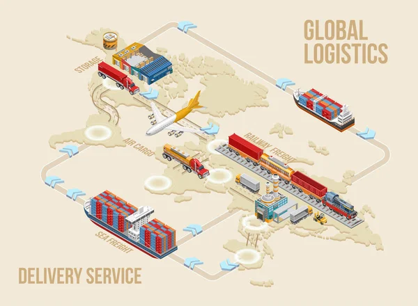 世界地图上各种全球物流和交付服务货运之间连接的图形结构 — 图库矢量图片