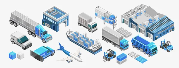 Set Assorted Freight Transport Storage Facilities Blue Color — Stock Vector