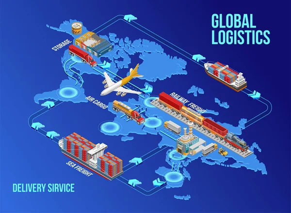 世界地図上に描かれた現代のグローバル物流と配送サービスの等方性グラフィック構造 — ストックベクタ