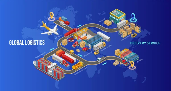 Global Logistics Delivery Service Inscriptions Sides Isometric Chart Process Cargo — Stockový vektor