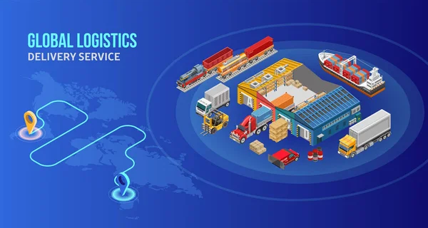 Rota Entrega Retratada Mapa Mundo Perto Círculo Com Vários Transporte — Vetor de Stock