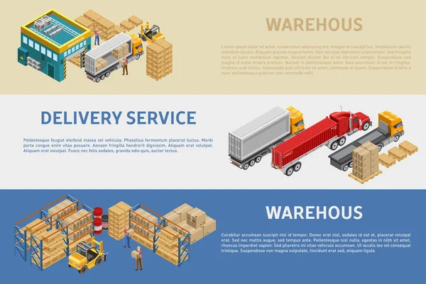 Ilustraciones Vectoriales Isométricas Del Trabajo Las Instalaciones Almacenamiento Servicio Entrega — Vector de stock