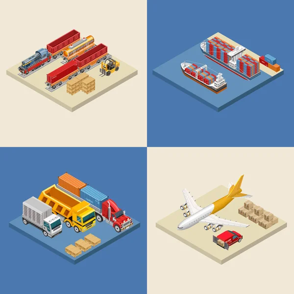 Set Isometric Vector Illustrations Various Types Freight Vessels Vehicles — Stock Vector