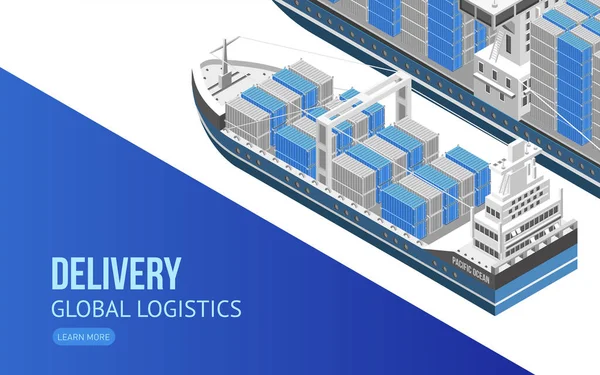 Creative Webpage Design Isometric Freight Ship Information Global Delivery Logistics — Stockový vektor