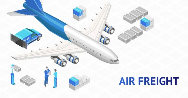 Isometrisches Flugzeug Mit Boxen Die Luftlieferdienst Auf Weißem Hintergrund Zeigen — Stockvektor