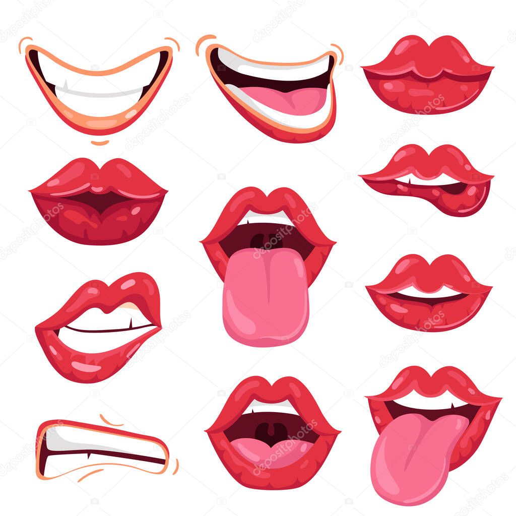 Set of various cartoon red lips showing various playful and positive emotions isolated on white background