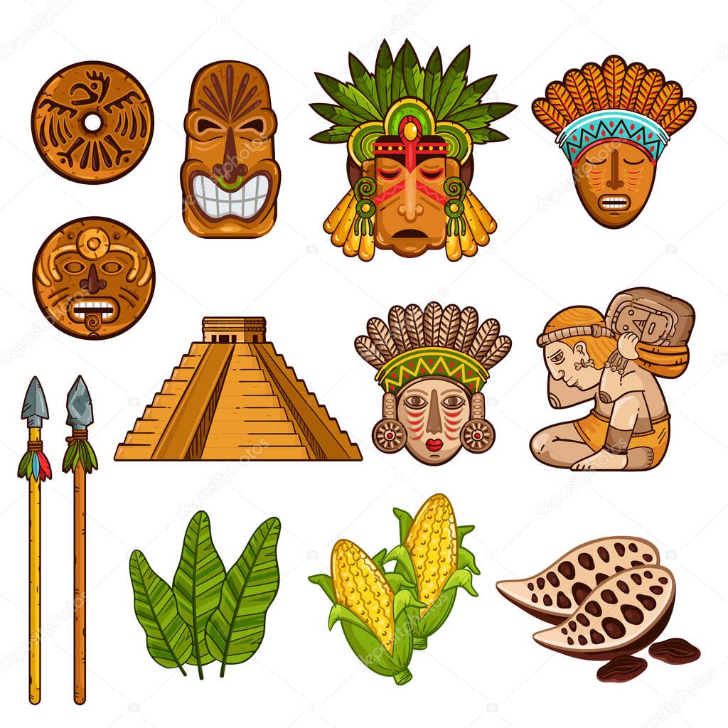 Collection of ancient Maya cultural masks and temples with agricultural elements isolated on white background