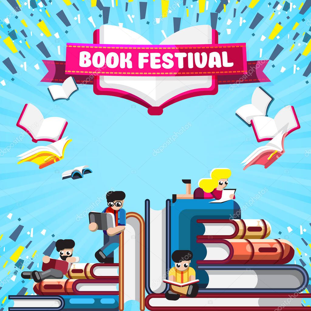 Creative layout of small character reading on stacks of books on blue background with banner Book Festival