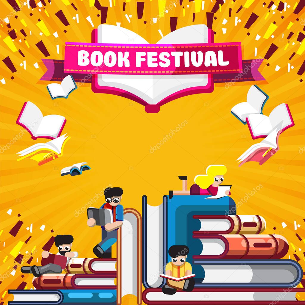 Colorful stacks of books with people reading on orange poster with banner promoting Book Festival