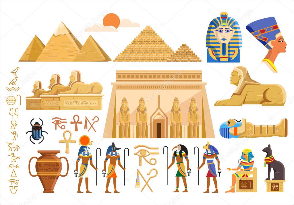 Vector set of various cultural symbols of Egyptian architecture and signs on white background