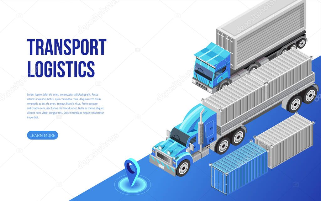 Isometric vector illustration of freight trucks and containers near description for website page