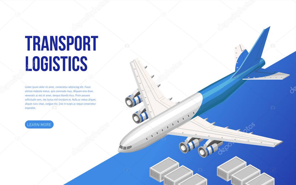 Contemporary web design in isometry of page presenting information about transport logistics with plane