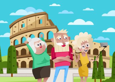 Roma 'daki Kolezyum' un arka planında selfie çeken gülümseyen yaşlı insanlar. Dünyanın dört bir yanındaki emekli insanlarla aktif yaşlı kavramı. Ünlü çekim vektör illüstrasyonuyla seyahat eden son sınıf öğrencileri.