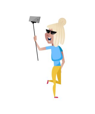 Gülümseyen olgun kadın özçekim karakteri yapıyor. Beyaz arkaplan vektör illüstrasyonunda izole edilmiş mutlu yaşlı insan yaşam tarzı.