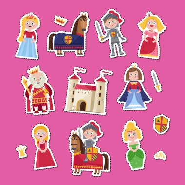 Çizgi film tarzında hazırlanmış ortaçağ karakterleri. Güzel prenses ya da kraliçe, zırhlı küçük şövalye, savaşçı at, taç ve manto giyen kral, izole edilmiş taş kale çizimi.