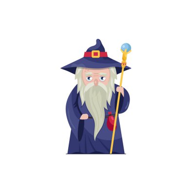 Sihirbaz cüppeli yaşlı bir adamın düz tasarımı. Elinde beyaz bir değnek var..