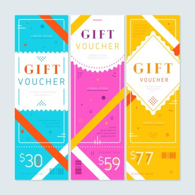 Dikey mavi; mor ve sarı hediye kuponları, gri arkaplan üzerinde soyut çizgiler tasarımı