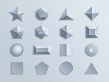 Gri zemin üzerinde farklı boyutlarda sunulan çeşitli geometrik şekillerin grafik koleksiyonu