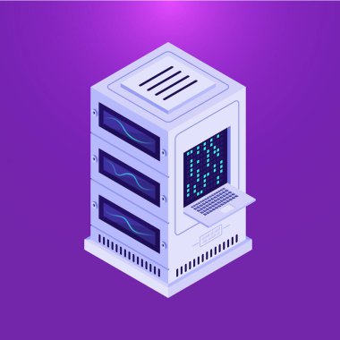 Veritabanı sunucu elemanının parlak mor arkaplan üzerindeki Isometric tasarımı