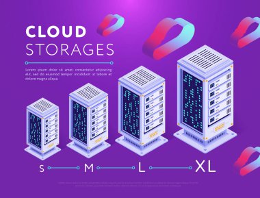 Mor üzerine farklı boyutlarda renkli sunucu kutularının Isometric vektör tasarımı