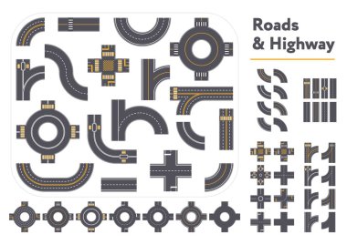 Beyaz arkaplanda izole edilmiş grafik biçiminde farklı kavşaklar ve yol parçaları kümesi
