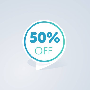 İndirim etiketi% 50 indirimli. Özel teklif kırmızı etiket izole vektör illüstrasyonu. İndirim teklifi fiyat etiketi, perakende reklam kampanyası sembolü, satış tanıtım pazarlaması