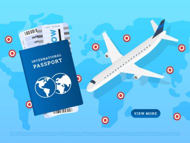 Uluslararası pasaport ve uçak mavi arka planda dünya çapında uçuşları gösteren yaratıcı bir internet sitesi