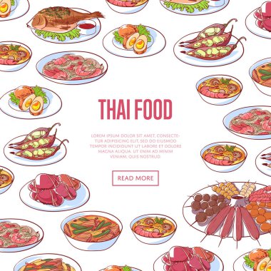 Tayland lokantası reklamı ve çeşitli Asya yemekleri. Tom tatlı patates çorbası, buğulanmış pirinç, satay şiş, yeşil köri, balık ve yengeç, karidesli erişte ve yeşil papaya salatası çizimi..
