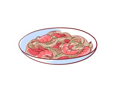 Beyaz arka planda izole edilmiş karides ikonlu erişte. Tayland yemeği etiketi, Asya balık restoranı menüsü öğesi, ünlü doğulu yemek çizimi..