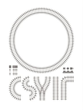 Demiryolu parçalarının vektör resmi beyaz zemin üzerinde çeşitli şekillerde dizilmiş tren için.