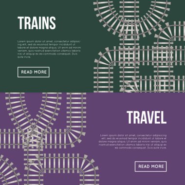 Renkli arka planda raylı trenler ve seyahat afişleri.