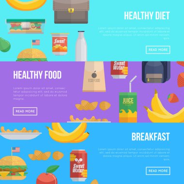 Değişik renklerde sağlıklı yemek ve kahvaltı pankartları..