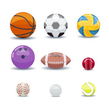 Beyaz arkaplanda farklı oyunlar için top oynayan setin canlandırması.