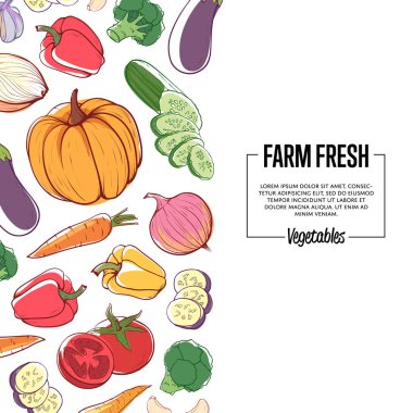 Olgun sebzeli taze çiftlik pankartı. Havuç, balkabağı, salatalık, soğan, biber, domates, patlıcan, sarımsak vektör çizimi. Doğal organik tarım, sağlıklı vejetaryen beslenme posteri.