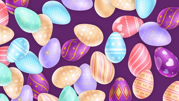 Colección Magníficos Huevos Pascua Ornamentales Representados Sobre Fondo Púrpura — Vector de stock