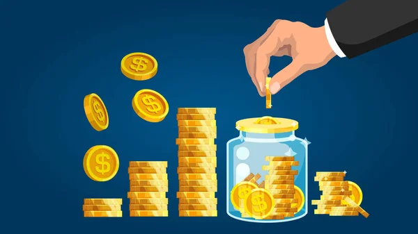 Εξοικονόμηση Χρημάτων Χέρι Βάζει Κέρματα Στο Βάζο Για Εξοικονόμηση — Διανυσματικό Αρχείο