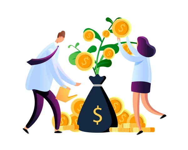 お金の成長 預金コインを銀行に持つ成長する植物の概念 — ストックベクタ