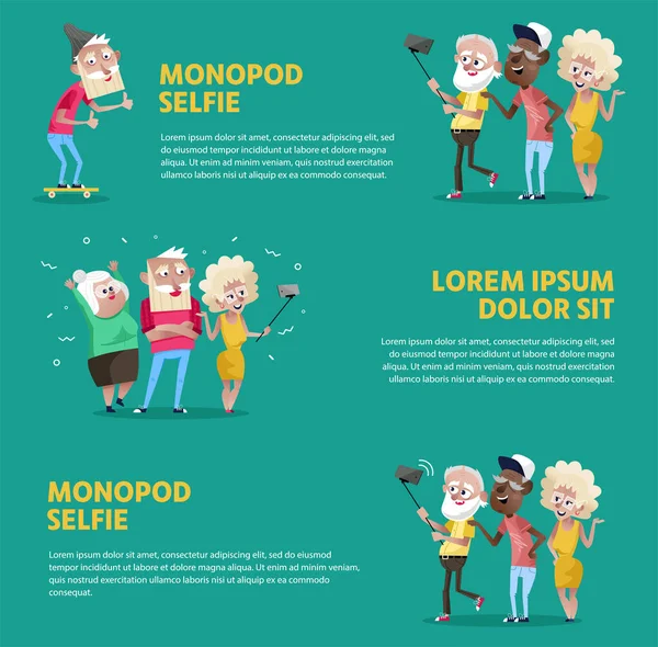 Affiche Colorée Montrant Différentes Personnes Âgées Prenant Selfie Avec Monopode — Image vectorielle