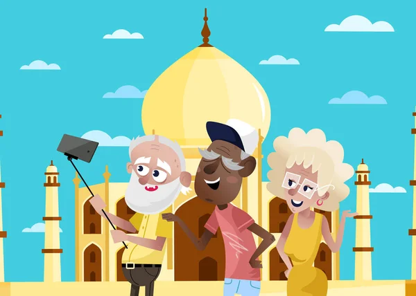 Velhos Sorridentes Fazendo Selfie Fundo Taj Mahal Índia Conceito Idoso —  Vetores de Stock
