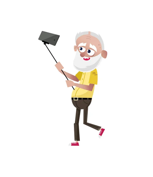Bärtiger Alter Mann Mit Selfie Charakter Glückliche Alte Menschen Lebensstil — Stockvektor
