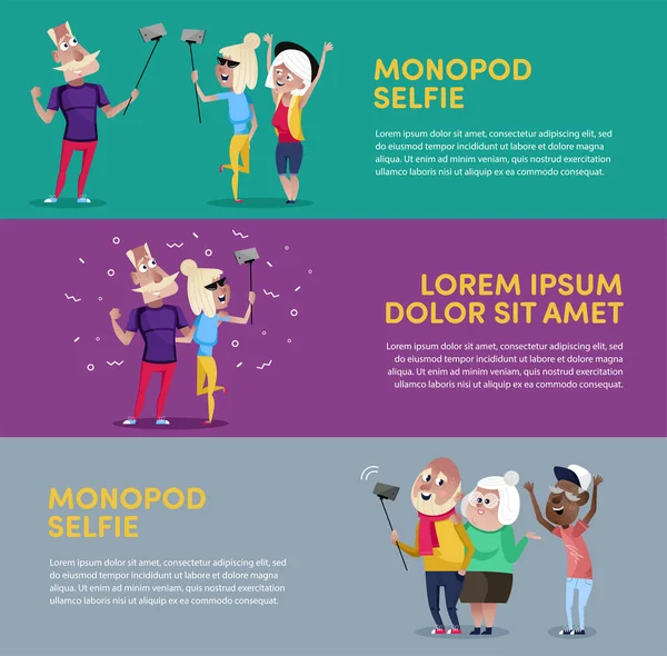 Barevný Článek Kryt Kreslenými Lidmi Pomocí Monopod Hůl Aby Selfie — Stockový vektor