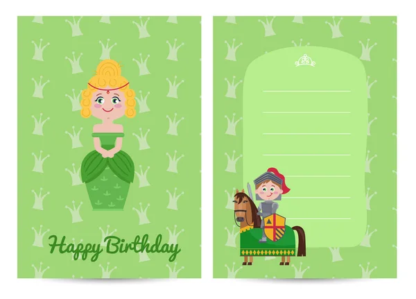 Joyeux Anniversaire Des Enfants Carte Postale Avec Princesse Chevalier Armure — Image vectorielle
