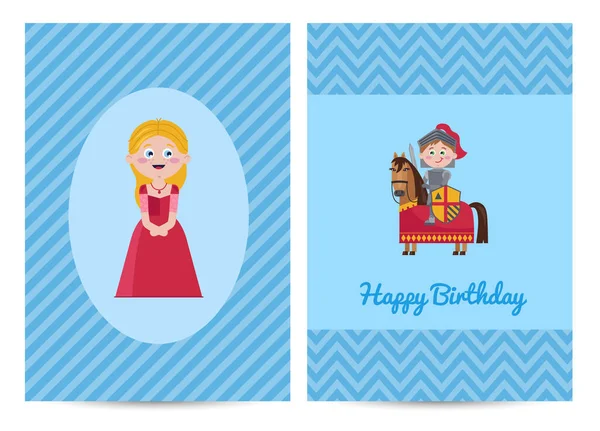 Joyeux Anniversaire Des Enfants Carte Postale Avec Princesse Chevalier Armure — Image vectorielle