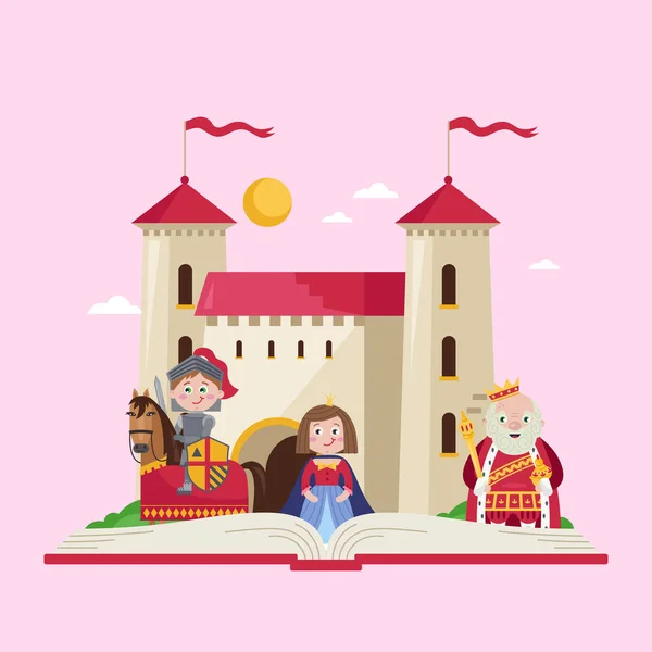 Сказочный Плакат Красивой Принцессой Маленький Рыцарь Доспехах Коня Воина Короля — стоковый вектор