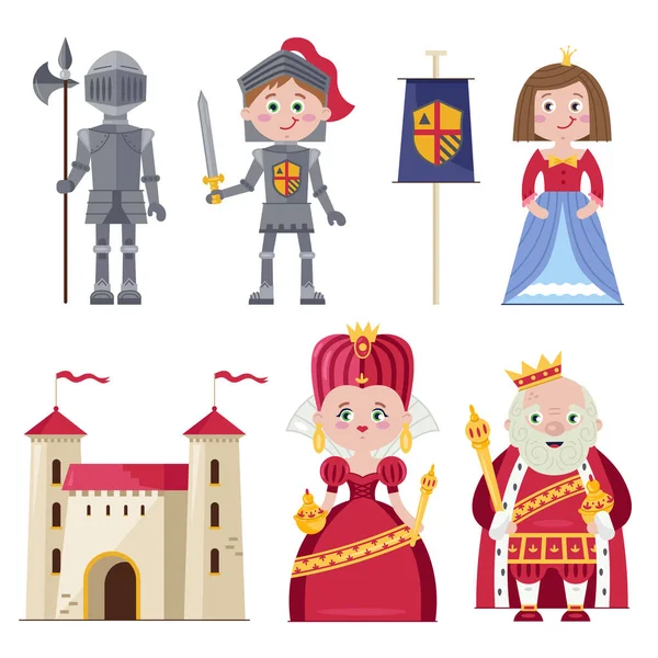 Graphisches Set Der Königlichen Familie Mit Prinzessin Und Ritter Rüstung — Stockvektor