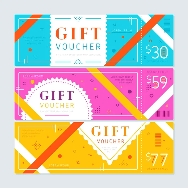 Renkli mavi; soyut çizgileri olan mor ve sarı hediye kuponları