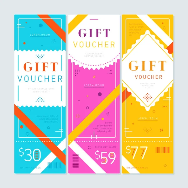 Dikey mavi; mor ve sarı hediye kuponları, gri arkaplan üzerinde soyut çizgiler tasarımı