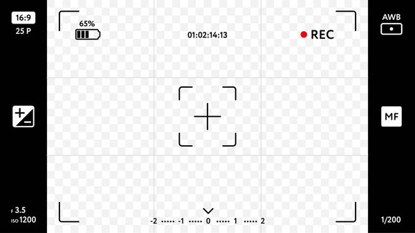 Modern smart phone camera focusing screen on transparent background. Blank camera viewfinder grid with exposure, zoom zone and shooting settings. Realistic template for your design vector illustration