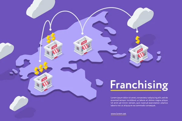 Vista Isométrica Mapa Mundo Com Cadeia Lojas Franchising Fundo Roxo —  Vetores de Stock